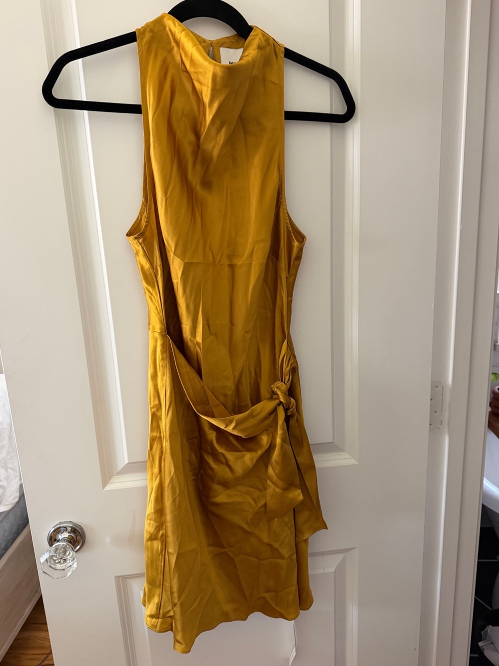 Reformation Satin Tie-Waist Mini Dress in Mustard